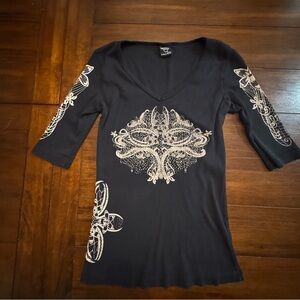 Sledge USA Women’s Sz L Black Ribbed Shirt 3/4 Sleeve Rhinestones Y2K 90s Grunge